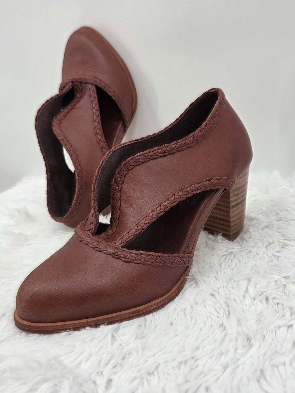 Bali ELF Spirit Walker Brown Leather Braided Cutout Block Heel Booties Women 8.5